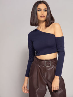 Twenty Dresses by Nykaa Fashion - Blue Solid One Shoulder Crop Top