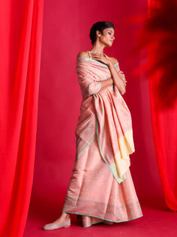 Beatitude - Beige and Pink Woven Banarasi Saree with Unstitched Blouse