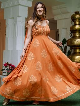 Lavanya The Label - Mustard Cotton Printed Anarkali With Dupatta (Set of 3)