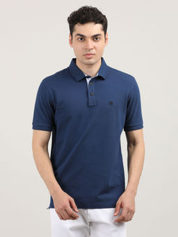 Dragon Hill - Half Sleeves Indigo Solid Slim Fit Pique Polo T-Shirt