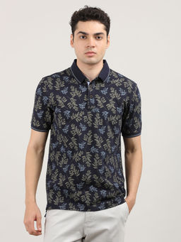 Dragon Hill - Half Sleeves Indigo All Over Print Slim Fit Pique Polo T-Shirt