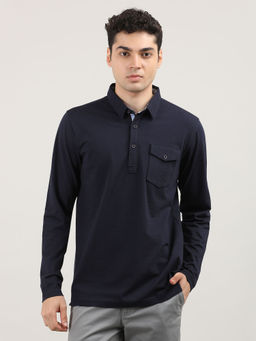 Dragon Hill - Full Sleeves Indigo Solid Slim Fit Polo T-Shirt
