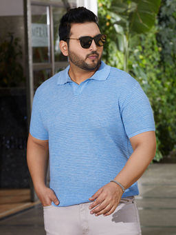 Instafab Plus - Men Cornflower Blue Horizontal-Textured Polo T-Shirt