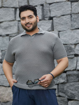 Instafab Plus - Men Coin Grey Swirl-Textured Polo T-Shirt