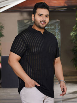 Instafab Plus - Men Midnight Black Stripe-Textured Polo T-Shirt