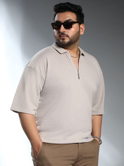 Instafab Plus - Men Saltbox Beige Solid Oversized Polo T-Shirt