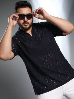 Instafab Plus - Men Navy Blue Honeycomb-Knit Polo T-Shirt