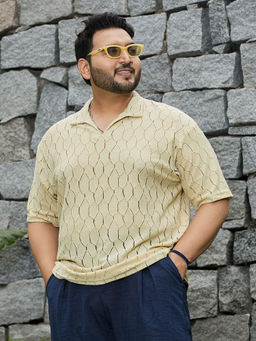 Instafab Plus - Men Butter Yellow Honeycomb-Knit Polo T-Shirt