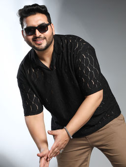 Instafab Plus - Men Onyx Black Honeycomb-Knit Polo T-Shirt