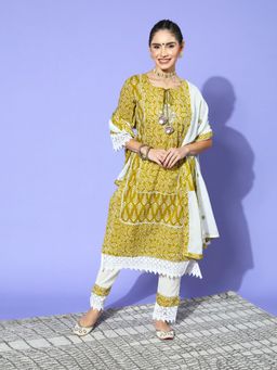 ISHIN - Womens Cotton Olive & Off White Embroidered A-Line Kurta Trouser Dupatta (Set of 3)