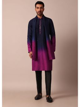 KALKI FASHION - Elegant Navy Blue & Pink Ombre Silk Dupatta Kurta with Pant For Men (Set of 3)