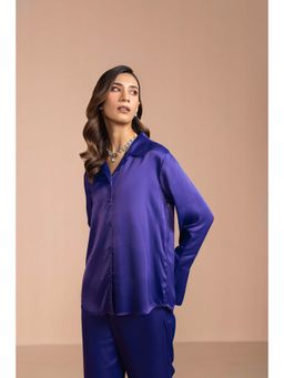 COSSET CLOTHING - Mystic Blue Button Embellished Satin Shirt