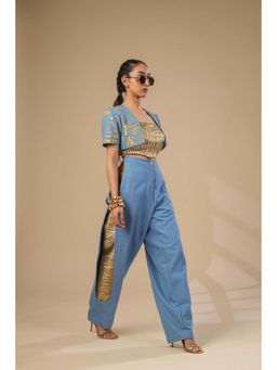 ASHNA VASWANI - Blue Denim Crop Jacket with Pleated Corset and Pant