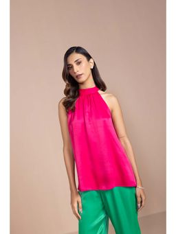 COSSET CLOTHING - Rani Pink Satin Halter Neck Top