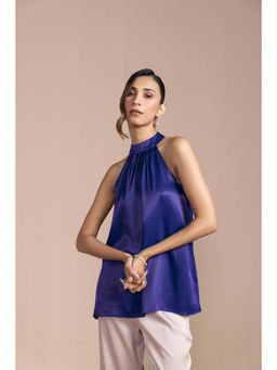 COSSET CLOTHING - Mystic Blue Satin Halter Neck Top