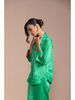 COSSET CLOTHING - Dark Green Satin Skipper Collar Top