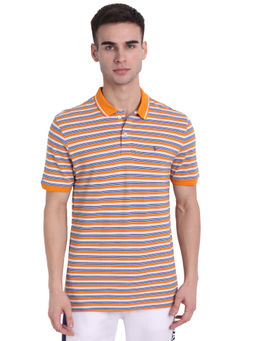 AM SWAN - Mens Stripes Flame Orange - White - Blue Atoll Polo T-shirt