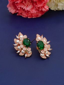 Designbox - Rose Gold Pearl AD Stud Earrings with Green Stone