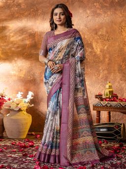 Sareemall - Womens Linen Purple Printed Designer Saree With Unstitched Blouse