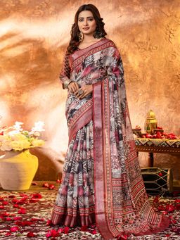 Sareemall - Womens Linen Multicolored Printed Designer Saree With Unstitched Blouse