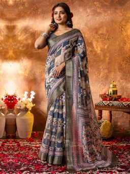 Sareemall - Womens Linen Navy Blue Printed Designer Saree With Unstitched Blouse