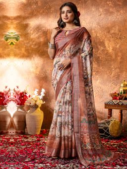 Sareemall - Womens Linen Brown Printed Designer Saree With Unstitched Blouse
