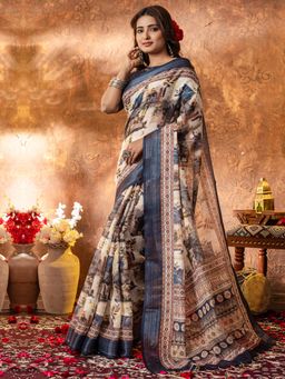 Sareemall - Womens Linen Navy Blue Printed Designer Saree With Unstitched Blouse