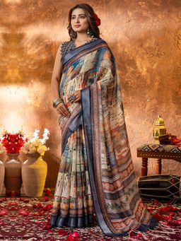 Sareemall - Womens Linen Navy Blue Printed Designer Saree With Unstitched Blouse