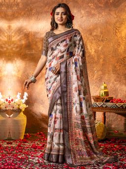 Sareemall - Womens Linen Brown Printed Designer Saree With Unstitched Blouse