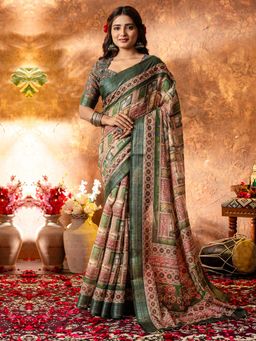 Sareemall - Womens Linen Green Printed Designer Saree With Unstitched Blouse