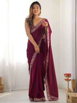 Sareemall - Womens Vichitra Silk Magenta Embellished Designer Saree With Unstitched Blouse
