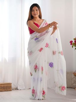 Sareemall - Womens Organza White Embellished Designer Saree With Unstitched Blouse