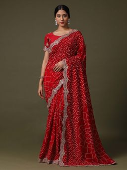 Sareemall - Womens Vichitra Silk Red Embroidered Designer Saree With Unstitched Blouse