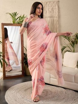 Sareemall - Womens Georgette Peach Printed Designer Saree With Unstitched Blouse