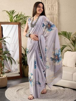 Sareemall - Womens Georgette Blue Printed Designer Saree With Unstitched Blouse