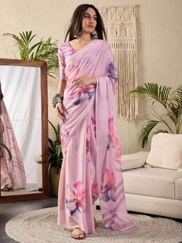 Sareemall - Womens Georgette Pink Printed Designer Saree With Unstitched Blouse