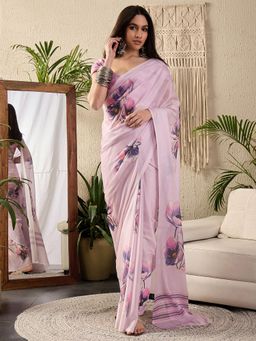 Sareemall - Womens Georgette Purple Printed Designer Saree With Unstitched Blouse