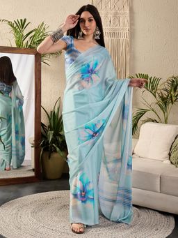Sareemall - Womens Georgette Light Blue Printed Designer Saree With Unstitched Blouse