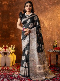 Sareemall - Womens Cotton Silk Black Printed Designer Saree With Unstitched Blouse