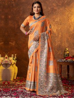 Sareemall - Womens Cotton Silk Orange Printed Designer Saree With Unstitched Blouse