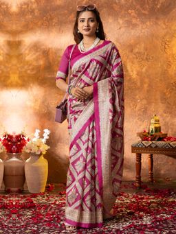 Sareemall - Womens Cotton Silk Pink Printed Designer Saree With Unstitched Blouse