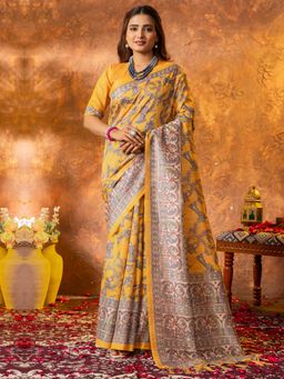 Sareemall - Womens Cotton Silk Yellow Printed Designer Saree With Unstitched Blouse