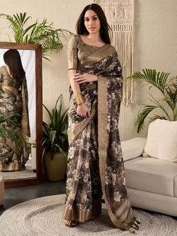 Sareemall - Womens Malai Silk Olive Printed Designer Saree With Unstitched Blouse