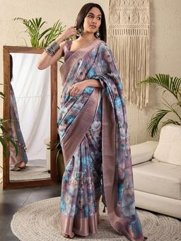 Sareemall - Womens Cotton Blend Mauve Digital Print Designer Saree With Unstitched Blouse