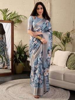 Sareemall - Womens Cotton Blend Grey Digital Print Designer Saree With Unstitched Blouse