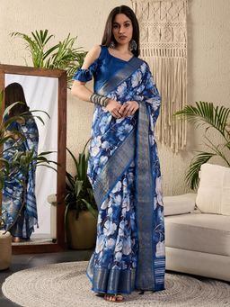 Sareemall - Womens Cotton Blend Dark Blue Digital Print Designer Saree With Unstitched Blouse