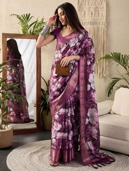 Sareemall - Womens Cotton Blend Magenta Digital Print Designer Saree With Unstitched Blouse