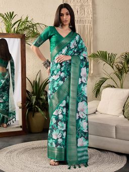 Sareemall - Womens Cotton Blend Green Digital Print Designer Saree With Unstitched Blouse