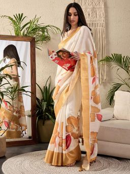 Sareemall - Womens Cotton Blend Yellow Digital Print Designer Saree With Unstitched Blouse
