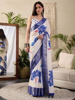 Sareemall - Womens Cotton Blend Blue Digital Print Designer Saree With Unstitched Blouse
